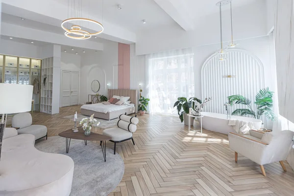 Ευρύχωρο Διαμέρισμα Ανοιχτού Σχεδιασμού Μοντέρνο Φωτεινό Σχεδιασμό Γκαρνταρόμπα Υπνοδωμάτιο Σαλόνι — Φωτογραφία Αρχείου