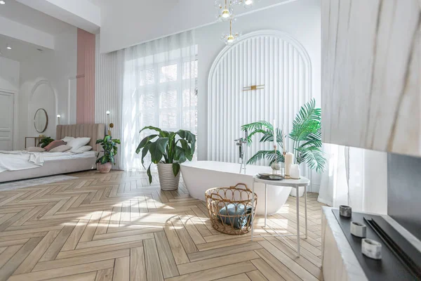 Ευρύχωρο Διαμέρισμα Ανοιχτού Σχεδιασμού Μοντέρνο Φωτεινό Σχεδιασμό Γκαρνταρόμπα Υπνοδωμάτιο Σαλόνι — Φωτογραφία Αρχείου