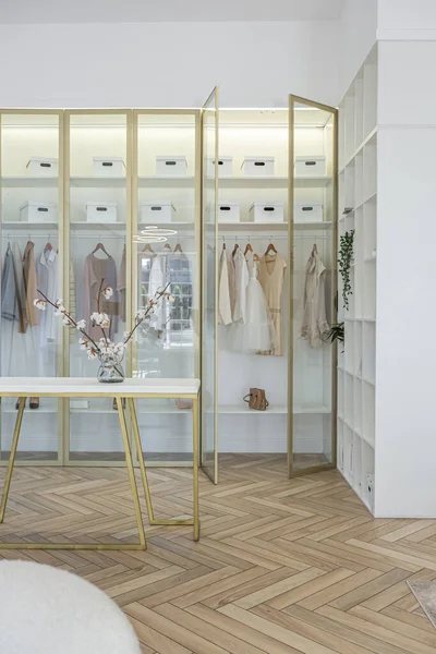 Модна Роздягальня Скляними Дверима Золотим Оздобленням Просторій Квартирі Відкритим Плануванням — стокове фото