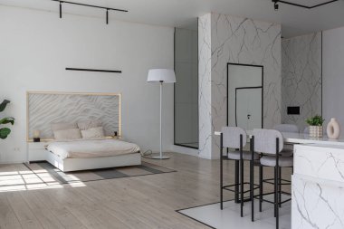 Güneşli bir günde mermer süslemeli pahalı bir evin minimalist modern lüks tasarımı. Alçılı beyaz duvarlar, parke, dekoratif ışıklandırma ve içeride kimse yok.