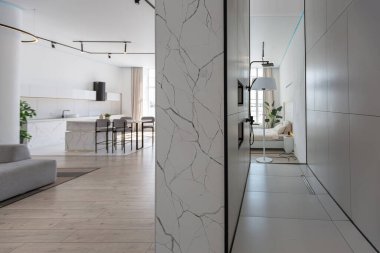 Güneşli bir günde, beyaz, yuvarlak aynalı ve lavabolu pahalı bir evin minimalist modern lüks tasarımı içinde şık bir duş alanı.