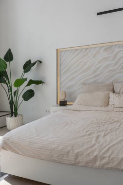 Güneşli bir günde pahalı bir evin minimalist modern lüks tasarımı için yatak odası. Yatak başlığında dekoratif panel, alçılı beyaz duvarlar, parke, dekoratif ışıklandırma ve hiç kimse