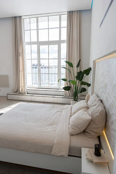 Bedroom Area Minimalistic Modern Luxury Design Expensive House Sunny Day — Stock Photo, Image
