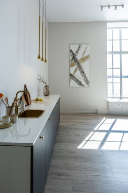 Modern bir tasarım içinde parlak, açık planlı bir daire, aydınlık duvarlar ve gün ışığının olduğu bir odada ahşap zemin.