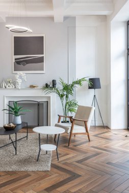 Pahalı, parlak bir iç mekan tarihi bir malikanede büyük bir oturma odası kemerli kemerler, sütunlar ve süslemelerle süslenmiş beyaz duvarlar..