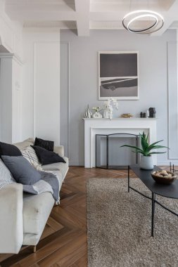 Pahalı, parlak bir iç mekan tarihi bir malikanede büyük bir oturma odası kemerli kemerler, sütunlar ve süslemelerle süslenmiş beyaz duvarlar..