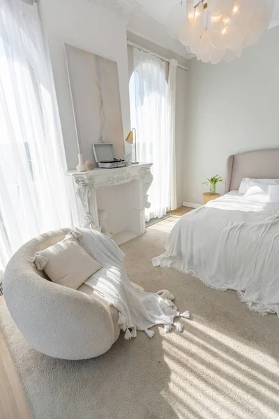 Gentle Cozy Bright Apartment Huge Panoramic Windows Sunlight Bedroom Soft — Stock Photo, Image