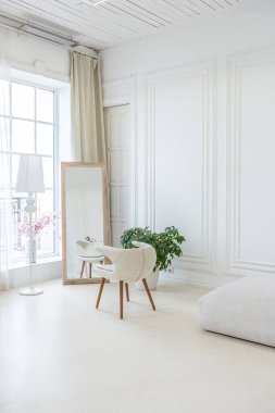 Işıl ışıl bir oturma odasının içinde lüks bir barok tarzında beyaz duvarları antika sıva ile dekore edilmiş.