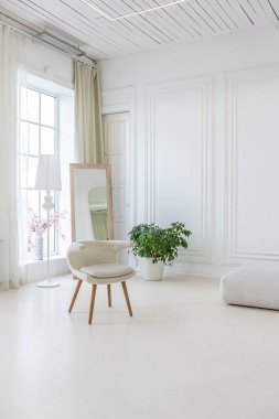 Işıl ışıl bir oturma odasının içinde lüks bir barok tarzında beyaz duvarları antika sıva ile dekore edilmiş.