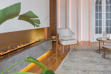 Şöminesi, dekoratif panelleri ve ışığı yumuşak gün ışığında, insanlar olmadan, pastel renklerde olan modern bir oturma odasının içi..