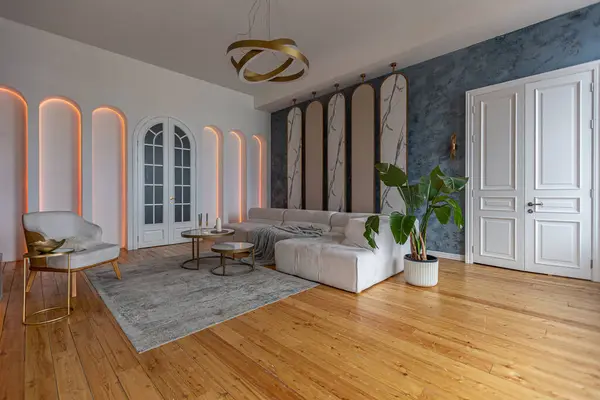 cozy interior of a modern living room with a fireplace, decorative panels and LED lighting with soft daylight, without people, in pastel colors.