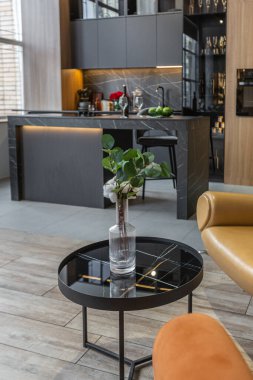 Ahşap dekore edilmiş karanlık mutfak alanı, aşçılık adası, yüksek tavan tavanı, ahşap süslemesi ve gri duvarları olan büyük, modern geniş bir daire.