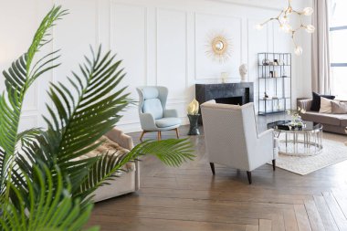 Pastel renklerde modern lüks daireler. Gün ışığıyla dolu kocaman pencereli çok parlak bir oda. Beyaz duvarlar, ahşap parke döşemeler ve koyu mermer bir şömine.