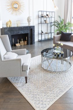 Pastel renklerde modern lüks daireler. Gün ışığıyla dolu kocaman pencereli çok parlak bir oda. Beyaz duvarlar, ahşap parke döşemeler ve koyu mermer bir şömine.