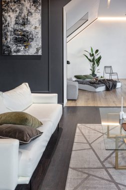 Lüks dairenin, beyaz şık yatak odası ve karanlık oturma odası olan minimalist, şık bir tasarımı var. Gündüz boyunca insansız ve güneş ışınları olmayan modern daireler.