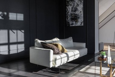 Lüks dairenin, beyaz şık yatak odası ve karanlık oturma odası olan minimalist, şık bir tasarımı var. Gündüz boyunca insansız ve güneş ışınları olmayan modern daireler.