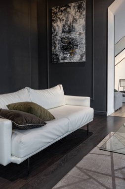 Pahalı, minimalist, karanlık, kontrastlı bir oturma odası. Beyaz, güneş ışığı olan, insansız bir oturma odası.