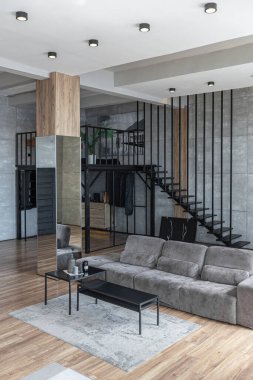 İki katlı bir dairenin modern iç dekorasyonunda gündüz vakti gri tonlarda tavan arası tarzı insanlar yok..