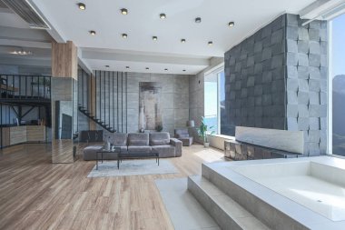 Süslü minimalist dizginlenmiş modern apartman dairesi, yüzme havuzlu geniş bir oda, dağlara bakan geniş panoramik pencereler. Gündüzleri insanlar olmadan