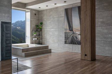 Süslü minimalist dizginlenmiş modern apartman dairesi, yüzme havuzlu geniş bir oda, dağlara bakan geniş panoramik pencereler. Gündüzleri insanlar olmadan