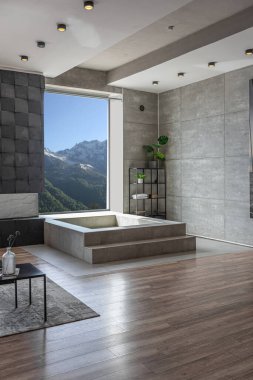 Süslü minimalist dizginlenmiş modern apartman dairesi, yüzme havuzlu geniş bir oda, dağlara bakan geniş panoramik pencereler. Gündüzleri insanlar olmadan