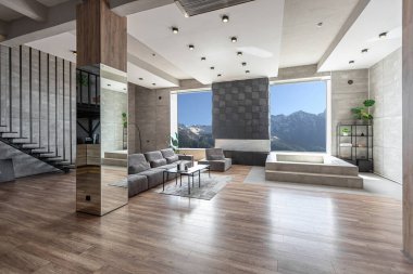 Süslü minimalist dizginlenmiş modern apartman dairesi, yüzme havuzlu geniş bir oda, dağlara bakan geniş panoramik pencereler. Gündüzleri insanlar olmadan