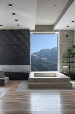 Süslü minimalist dizginlenmiş modern apartman dairesi, yüzme havuzlu geniş bir oda, dağlara bakan geniş panoramik pencereler. Gündüzleri insanlar olmadan