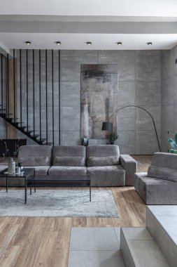 Süslü minimalist dizginlenmiş modern apartman dairesi, yüzme havuzlu geniş bir oda, dağlara bakan geniş panoramik pencereler. Gündüzleri insanlar olmadan