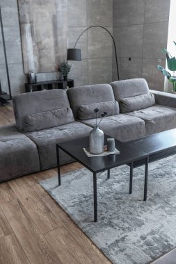 Süslü minimalist dizginlenmiş modern apartman dairesi, yüzme havuzlu geniş bir oda, dağlara bakan geniş panoramik pencereler. Gündüzleri insanlar olmadan