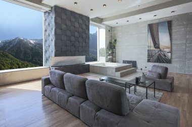 Süslü minimalist dizginlenmiş modern apartman dairesi, yüzme havuzlu geniş bir oda, dağlara bakan geniş panoramik pencereler. Gündüzleri insanlar olmadan