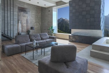 Süslü minimalist dizginlenmiş modern apartman dairesi, yüzme havuzlu geniş bir oda, dağlara bakan geniş panoramik pencereler. Gündüzleri insanlar olmadan