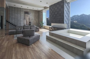 Süslü minimalist dizginlenmiş modern apartman dairesi, yüzme havuzlu geniş bir oda, dağlara bakan geniş panoramik pencereler. Gündüzleri insanlar olmadan