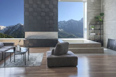 Süslü minimalist dizginlenmiş modern apartman dairesi, yüzme havuzlu geniş bir oda, dağlara bakan geniş panoramik pencereler. Gündüzleri insanlar olmadan