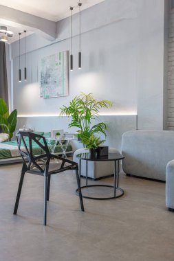 Modern bir stüdyoda, yeşil bitkilerle beyaz-gri renkli şık bir iç mekan. Gün ışığı ve içeride kimse yok.