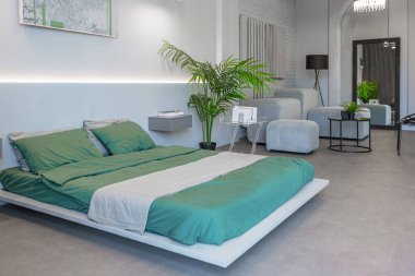 Modern bir stüdyoda, yeşil bitkilerle beyaz-gri renkli şık bir iç mekan. Gün ışığı ve içeride kimse yok.