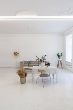 Geniş oturma odasının parlak iç tasarımı beyaz duvarlar ve tavan üzerindeki dekoratif eşsiz tarihi pervazlar insanların pencerelerden içeri girmediği sıcak renklerde modern mobilyalar.