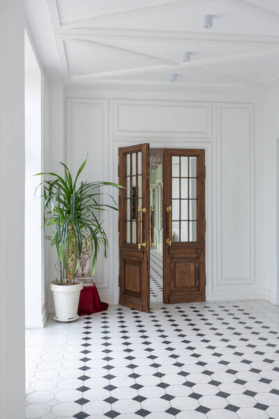 Элегантный коридор с узорчатыми полами и двойными дверями в светлом, минималистском интерьере