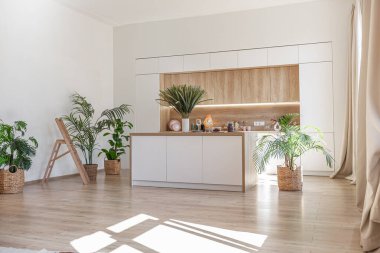 Modern mobilyaların ve doğal ışığın yumuşak sıcak renklerde şık bir dairede bulunduğu parlak ve ferah bir yaşam alanı.