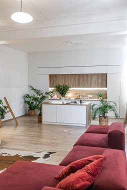 Modern mobilyaların ve doğal ışığın yumuşak sıcak renklerde şık bir dairede bulunduğu parlak ve ferah bir yaşam alanı.