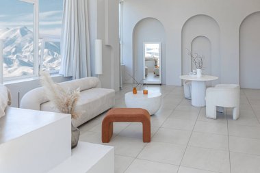 Modern, saf, beyaz bir iç tasarım. Yumuşak stil mobilyaları olan şık bir oturma odası. Geniş pencere çerçevesi gün ışığında sakin bir atmosfer yaratıyor.