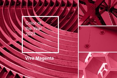 2023 yılının yeni moda rengi Viva Magenta. Moda rengi palet örneği. Soyut geometrik kumaş renkleri kolajı. Yaşasın Magenta!