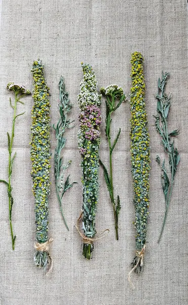 stock image Assorted Herbal Smudge Sticks with Yellow Flowers on Linen Background