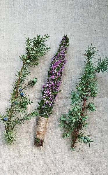 stock image Freshly handcrafted heather and juniper bundle laid on rustic fabric. Ideal for natural home decor or aromatherapy