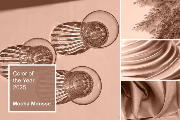 Mocha Mousse - 2025 yılının rengi. Kolaj içindeki soyut doku desen kumaş kumaş renkleri