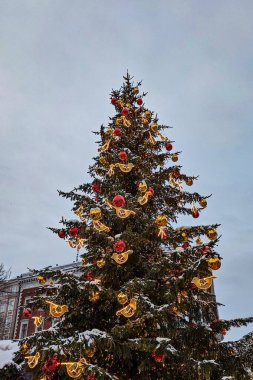 Karla kaplı doğal Noel ağacı parıldayan altın kuşlar ve kırmızı mücevherlerle süslenerek halk meydanında şenlikli bir tatil yaratıyor.