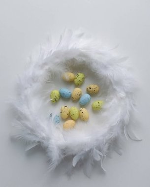 Pastel renkli benekli Paskalya yumurtaları yumuşak beyaz tüy yuvasında, temiz beyaz arka planda.