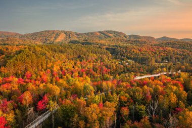 Kanada 'nın Quebec kentindeki Laurentian dağlarındaki kıvrımlı nehir manzarası sonbahar mevsiminde kırmızı, turuncu ve sarı ağaçlarla çevrilidir.