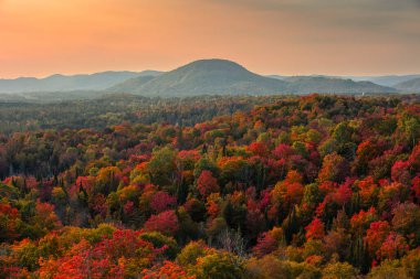 Kanada 'nın Quebec kentindeki Laurentian dağlarındaki kıvrımlı nehir manzarası sonbahar mevsiminde kırmızı, turuncu ve sarı ağaçlarla çevrilidir.