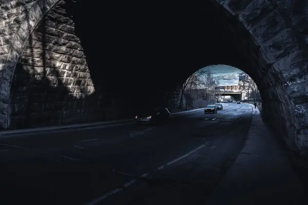 Bir kişi gece, asfalt yol yüzeyine gölgeler düşüren flaşlı fotoğrafçılıkla bir köprünün altında geziniyor. Tek renkli manzara, karanlık gökyüzüne karşı, su yansımaları ile kurulmuş.