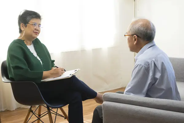 Depressed Asian Senior Man Sharing Problems Therapy Session Female Psychiatrist — Stock Photo, Image